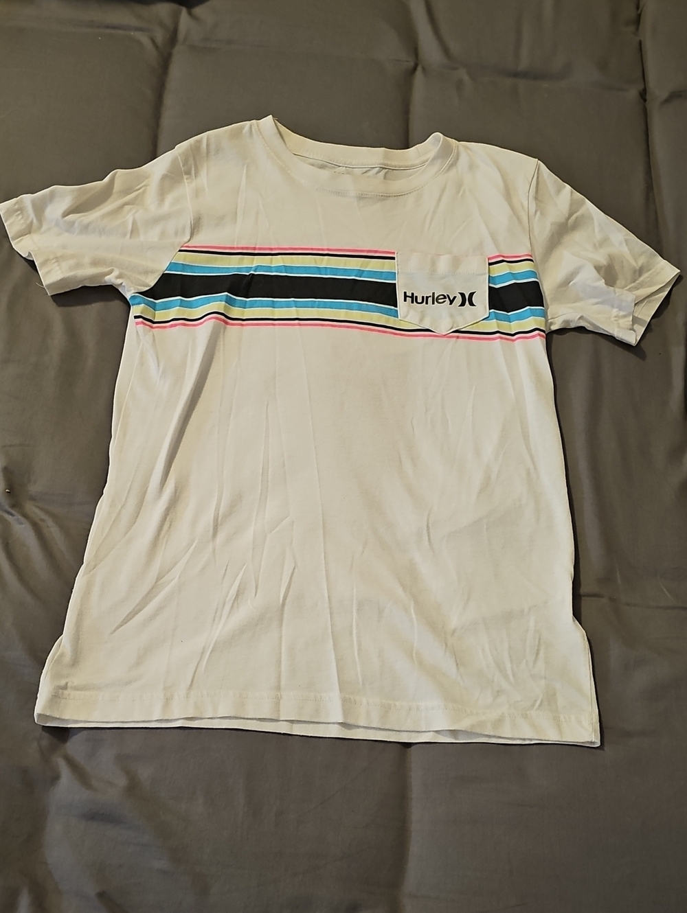 Hurley White Short-Sleeve Tee with Black, Blue, Pink and Teal Stripes